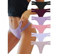 Knowyou 6 Pack Seamless Thongs for Women Sexy No Show Breathable Underwear Stretch Straps T-Back Tangas Panties for Ladies, A 6pack (Black*1 Brown*1 Wine*1 Pink*1 Purple*1 Grey*1), L