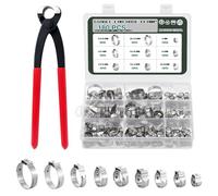 Knpwer 180 Pcs 304 Stainless Steel Single Ear Hose Clamp,6-25.6mm 9 Sizes Crimp Hose Clamp Assortment Kit,Stepless Crimp Clamp (180, 9 Sizes)
