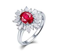 KnSam 18K White Gold Ring Flower 4 Claws Oval Cut Red Ruby 1.2ct VS and 0.88ct Diamond Silver Ring Size K 1/2