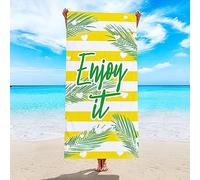 KnSam Beach Towel 70 x 150 cm, XXL Microfibre Enjoy It with Leaves Pattern, Bath Towel, Shower, Beach Towel for Travel, Holiday, Swimming, Green, Yellow, White