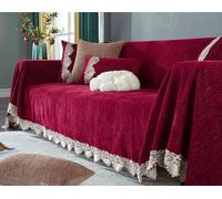 KnSam Home Sofa Throw Blanket, Plain with Lace, Sofa Cover, 4-Seater, Washable, Scratch-Resistant, Non-Slip Sofa Throw, Dog Chenille Furniture Protection Sofa Covers (180 x 350 cm, Red)