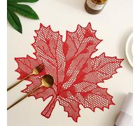KnSam Set of 6 Place Mats Desk, Hollow Leaf Pattern Table Mats Set, PVC, Boho Washable Placemats, Square for Home, Restaurant, Dining Table, Place Mats, Red, 41 cm x 44 cm