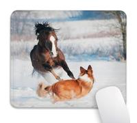 Knseva Happy Horse & Dog Mouse Pad 9.5"x 7.9", Reinforced Stitched Edges, Durable Anti-Slip Gaming & Office Mat Desk Decor, Cute Welsh Pony and Border Collie Playing in Winter Snow Covered Field