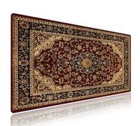 knseva. Large Gaming Mouse Pad with Stitched Edges - Vintage Oriental Persian Floral, Retro Classic Flowers Design Red Black Beige, Anti-Slip Rubber Base & Smooth Fabric Surface XXL Extended Desk Mat