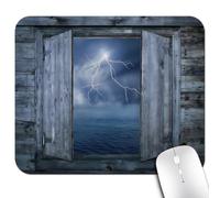 Knseva Lightning Over Ocean Office/Gaming Mouse Pad 9.5"x7.9", Anti-Slip Mat for Desk, Thunder Bolt at Night from Rustic Wood Window Forces of Nature Theme Print