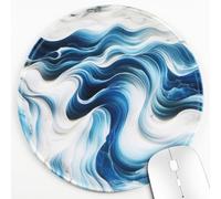 Knseva Marble Print Round Mouse Pad with Stitched Edges, 7.9" Diameter, Anti-Slip Portable Circular Mat for Desk, Surreal Waves with Oceanic Colors Modern Abstract Style Navy/Blue/White