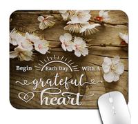 Knseva Plum Blossoms Floral Motivation Office/Gaming Mouse Pad 9.5"x7.9", Anti-Slip Mat for Desk, Begin Each Day with A Grateful Heart Inspirational Quote White Flowers Rustic Wood Grain