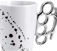 Knuckle Duster Coffee Mug - Novelty Brass Knuckle Handle Ceramic Cup, 11oz Blood Spatter Design, Funny Gift for Men, Biker, Goth, Halloween