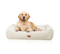 Knuffelwuff Matteo M-L Orthopaedic Dog Bed 80 cm x 65 cm Beige Teddy Fur Cover Washable at 30 °C Memory Foam Flakes Gentle on Joints and Dimensionally Stable High Edge for Small to Large Dogs