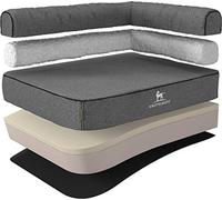 Knuffelwuff Velour Orthopaedic Corner Dog Bed with Hand-Woven Material Look Marlie Kingsize XXXL Large 140 x 100cm Rest Right Grey