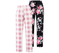 Knuffnee Women Pyjama Bottoms Lounge Plaid Pants Wide Leg Sleep Pant with Pockets 2 Pack Black Flowers/Pink Plaid S
