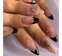 KNUIUYY 24 Pcs Almond False Nails, Black Edge French Tip Press on Nails with 3D Star, Fake Nail Short in 12 Sizes, Acrylic Artificial Fake Nail with Nailfile & Nailsticky Tabs for Women and Girls