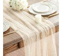 KNUIUYY Table Runner Beige 70x300cm Wedding Table Decoration with Pearl and Tulle, Cheesecloth Tables Runners Lace Tablecloth Sheer Pearl Gauze for Bridal Showers and Romantic Dinners