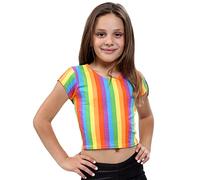 KNWER CLOTHING Extra Soft Kids Rainbow Stripe Crop Top, Girls Printed Short Sleeve Cropped T-Shirts - Gay Pride Crop Tee Top, LGBT Kids Childrens Clothing, Fancy Dress Costume (Rainbow, 9-10 Years)