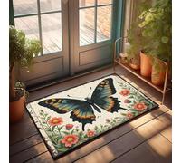 KNZR Floral Bath Welcome Mat - A Black Butterfly With Orange Spots On Its Wings, Surrounded By Red Flowers. | Door Funny/Grip Bath - Fluffy Area Rug Living Room, Anti Slip Grips &