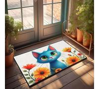 KNZR Protector Doormat | Money Refined Craftsmanship A Blue Cat Surrounded By Orange Flowers. - Outdoor Deck/Outdoor Welcome Mat Front Door(65X90CM)