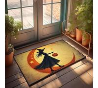 KNZR Throw Washable Bathmat | Fluffy Refined Craftsmanship Silhouette Of A Witch With A Pumpkin Lantern Against A Full Moon - Plush Shag Bedroom/Outdoor Door Mat Outside Entry(50X80CM)