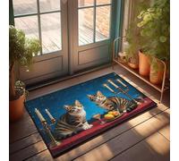 KNZR Two Cats Sitting At A Kitchen Mat, With Graphic Pool Stuff Winter
