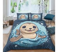 KOABERUVN Cute Seal 3D Printed Duvet Cover SetQuilt Cover Easy Care Bed Linen Soft Cosy 3 Pcs Bedding Sets Pillowcases for Kid Teens Boys And Girls Man Double（200x200cm）