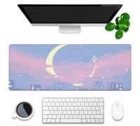 KOAIWPAE Desk Mat, Anime Moon City Night Scene Extended Gaming Mouse Pad Large, 31.5"x11.8" Big Mouse Pad with Non-Slip Base and Stitched Edge, Long Computer Keyboard Mouse Mat for Home Office Work