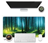 KOAIWPAE Desk Mat, Magical Night Forest Desk Pad, Green Fireflies Forest Large Gaming Mouse Pad, 31.5"x15.7" Extended Big Computer Keyboard Mouse Pad with Non-Slip Base and Stitched Edge