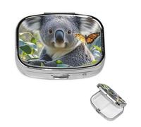 Koala and Butterfly Pill Box with Mirror, 2 Compartment Small Pill Case for Purse Or Pocket Mini Metal Pill Holder Travel Weekly Medicine Tablet Vitamin Holder Organizer Travel Gifts