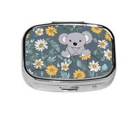 Koala and Daisy Print Pill Box Square Pill Case 2 Compartment Small Metal Medicine Organizer Portable Travel Pillbox for Pocket Purse Cute Mini Pill Container to Hold Daily Vitamins