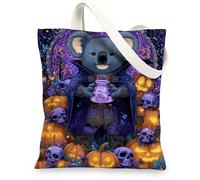 Koala Canvas Tote Bags, Fun Halloween Animal Design Reusable Grocery Bags, Colorful Lightweight Washable Shoulder Strap Can, Violet, 13x15 Inch