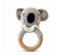 Koala Crochet Rattle Grasping Toy - Baby Rattle from 0 Months | Handmade 100% Cotton & Natural Wood Ring | Saliva-Resistant, Non-Toxic & Promotes Motor Skills | Ideal Gift for Birth