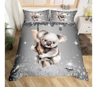 Koala Duvet Cover Set Grey Sequin Fluid Art Single Bedding Sets for Girls,Crystal Diamond Comforter Cover Australian Animals Bed Set,Jungle Wildlife Cute Room Decor