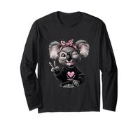 Koala Girl Winking Peace Sign Pink Bow Pop Graphic Playful Long Sleeve T-Shirt