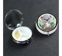Koala Pill Box with Mirror 3 Compartment Decorative Pill Case for Purse or Pocket Small Round Pill Organizer Weekly Metal Medicine Tablet Vitamin Holder Travel Gift