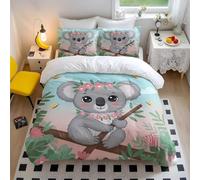 Koala Print Bedding Single Cute Cartoon Koala with Cherry Blossom Duvet Cover Set - Ultra Soft Microfiber for Kids Nursery Decor, Pink and Grey (style4,King 240x220cm+65x65cm*2)