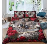Koala Single Duvet Cover Set 3D Print Red Roses Bedding Single Bed Set Ultra Soft Microfiber Quilt Cover 135x200 cm with 2 Pillowcases 50x75 cm with Zipper for Bedroom D-577