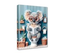 Koala Sitting on Toilet Posters Prints 1P Animal Wearing Glass Reading Books Canvas Wall Art Modern Pictures Artwork for Living Room Bathroom Home Decor Framed Gallery-Wrapped Easy Ready to Hang