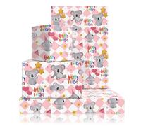 Koala Wrapping Paper for Happy Birthday Party, Lovely Koala with Heart Balloons Star Printed on Pink White Checkered Background Gift Wrap Paper - 4 Sheets Folded Flat - for Birthday, Holiday, Wedding
