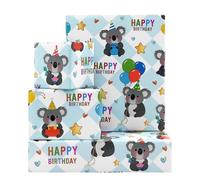 Koala Wrapping Paper Happy Birthday Wrapping Papers, Cute Koala Balloons and Gifts Printed on Blue White Checkered Background Gift Wrap Paper - 4 Sheets Folded Flat - for Birthday, Holiday, Wedding