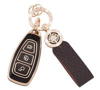 Koaudb Car Key Cover Fit for Ford Fiesta Focus C-Max Galaxy B-Max Grand C-Max Kuga Mondeo S-Max 3 Buttons Keyless TPU Car Key Fob Case Protector with Leather Keychain Lanyard Black Gold (C-BP-Frd-3)