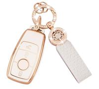 Koaudb Car Key Cover Fit for Mercedes Benz A B C E G S SL CLS Class AMG 3 Buttons Soft TPU Key Fob Protector Shell Case with Bling Keychain Lanyard White Gold (C-Bz-3L)