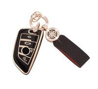 Koaudb Car Key Cover for BMW X1 X2 X3 X5 X6 2 5 6 7 Series 3 4 Buttons Soft TPU Full Protection Smart Key Fob Case with Leather Keychain Black Gold (C-BP-BM-4D)