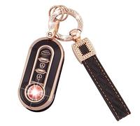Koaudb Car Key Fob Cover Case Shell Fit for Fiat 500 500L Brava Bravo Fiorino Punto Panda Qubo Stilo Lancia 3 Buttons Flip Folding Key Case Shell with Leather Keychain Lanyard Black Gold (BP-Fia)