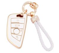 Koaudb Car Key Full Cover for BMW Soft TPU Full Protection Smart Key Case Shell White with Keychain Lanyard Fit for BMW X1 X2 X3 X5 X6 2 5 6 7 Series 3 4 Buttons Smart Key Fob Case(BM-4D)