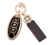 Koaudb Key Cover Fit for Nissan 350Z Qashqai Murano X-Trail Kicks Tiida Micra Pathfinder Note Juke 3 Buttons Soft TPU Car Key Case Shells with Leather Keychain Lanyard Black Gold (C-BP-Nisn-3)