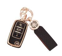 Koaudb Key Cover Fit for VW Volkswagen Passat Golf Polo Beetle Jetta Touran Eos Scirocco 3 Buttons Key Case Soft TPU Key Fob Shells with Leather Keychain Lanyard Black Gold (C-BP-Vlw-3S)