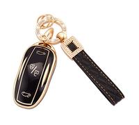 Koaudb Tesla Key Fob Cover Holder, 3-Button Soft TPU Protector with Leather Keychain, Fit for Model 3, S, Y Smart Key Fob Case - Black, Gold