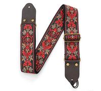 Koawensa 1 Piece Guitar Ukulele Strap Embroidered Guitar Strap Leather Head Bass Shoulder Strap Electric Guitar Accessories (Black)