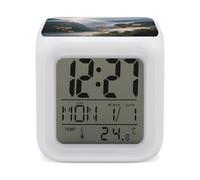 KOAYUBFC 7 Color Change LED Digital Alarm Clock with Snooze Calendar Temperature Display Hot Air Balloon Valley Wake Up Clock Battery Operated Bedside Lamp Night Light for Bedroom Decor