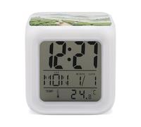 KOAYUBFC 7 Color Change LED Digital Alarm Clock with Snooze Calendar Temperature Display Mountain Tea Plantation Wake Up Clock Battery Operated Bedside Lamp Night Light for Bedroom Decor