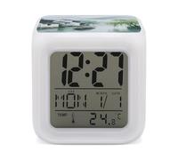 KOAYUBFC 7 Color Change LED Digital Alarm Clock with Snooze Calendar Temperature Display Water Village in The Spring Rain Wake Up Clock Battery Operated Bedside Lamp Night Light for Bedroom Decor