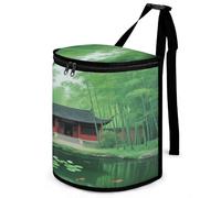 KOAYUBFC 8.7L Spill-Proof Car Trash Can - Easy to Clean Hanging Ancient Temple in Bamboo Forest Printed Trash Can - Zippered Lid Waterproof - Keeps Cars SUVs Trucks Minivans Odor-Free